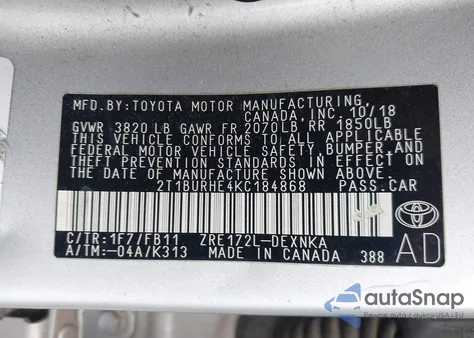 2019 Toyota Corolla Le from USA, damaged, VIN 2T1BURHE4KC184868